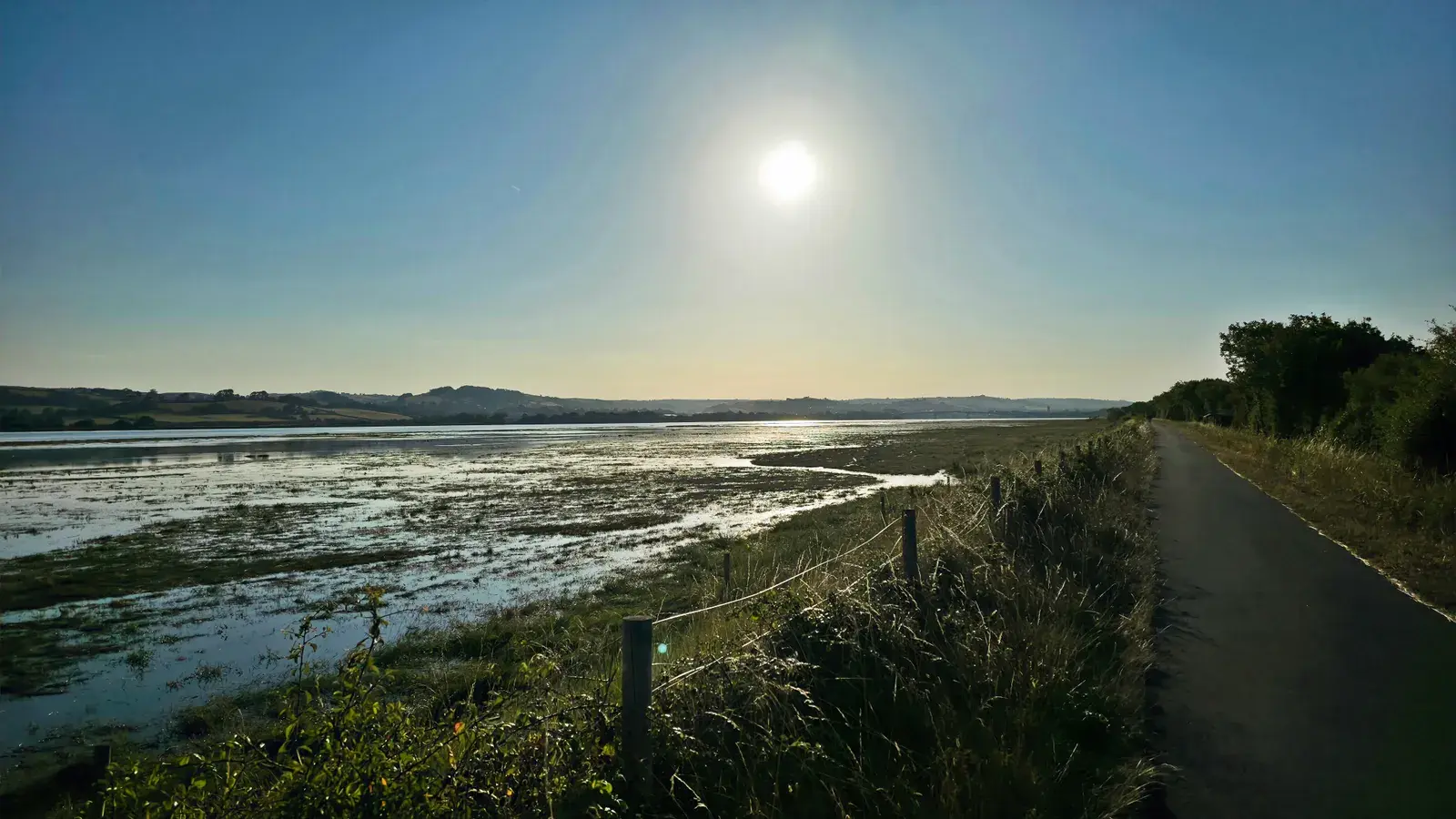 Early morning on the Tarka Trail: the tarmac path runs beside a fence and long grass, with the wide, shining River Taw estuary and low hills beyond under a bright sun.