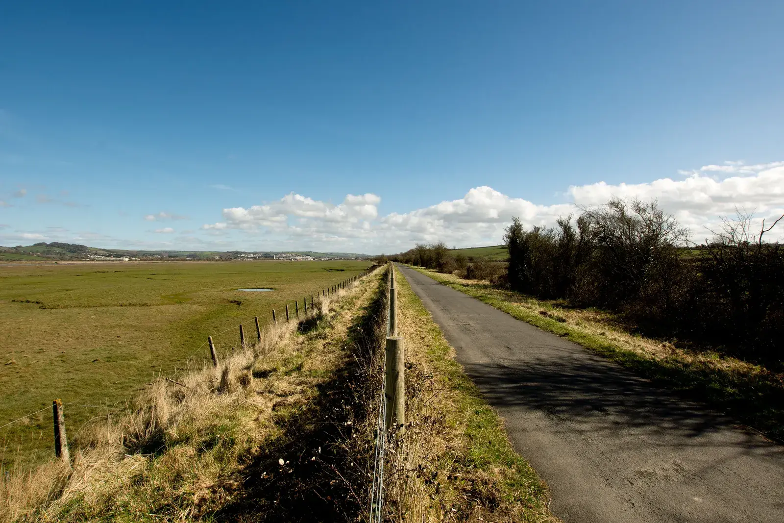 The Tarka Trail as a straight tarmac path between a fence and bushes, with flat salt marsh to the left and a blue sky with white clouds.