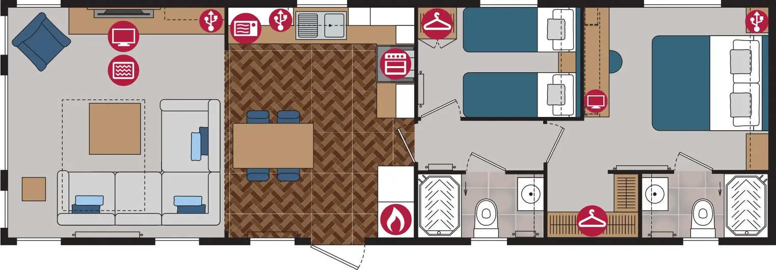 Floor plan of the Pemberton Marlow, 40ft by 13ft: the lounge at one end, the kitchen and dining area in the middle, a twin bedroom, a shower room, and the main bedroom with an en-suite shower room at the other end.