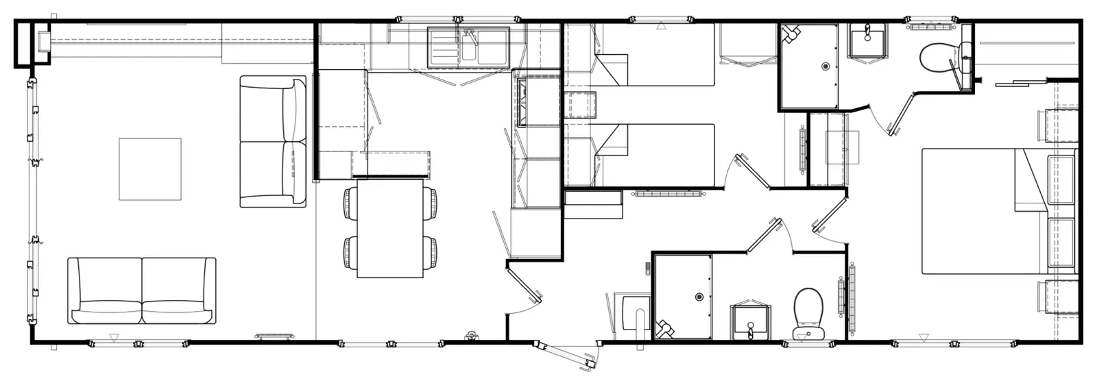 Floor plan of the Regal Harlington, 42ft by 13ft: lounge at one end, then the kitchen and dining area, a twin bedroom, a shower room, and the main bedroom with an en-suite.