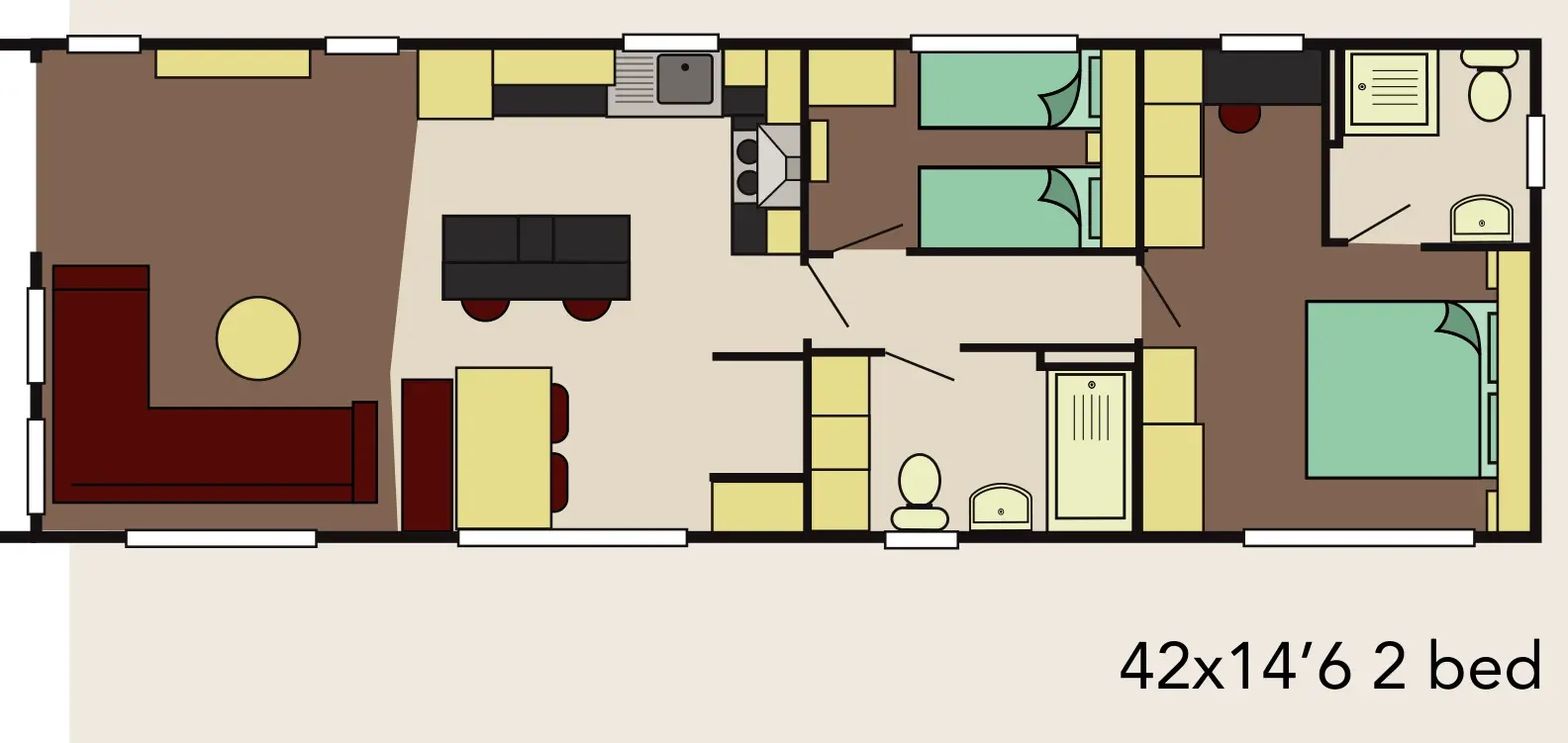 Floor plan of the Delta Belgravia Lodge, 42ft by 14ft 6in: an L-shaped lounge, the kitchen and dining area with an island, a twin bedroom, a shower room, and the main bedroom with an en-suite.