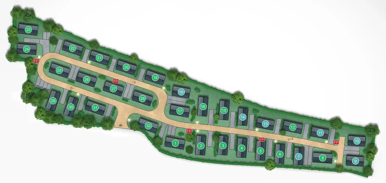 The park's site plan: a long site with a looped lane and 32 numbered plots. Plots with a lodge for sale are marked in pink.