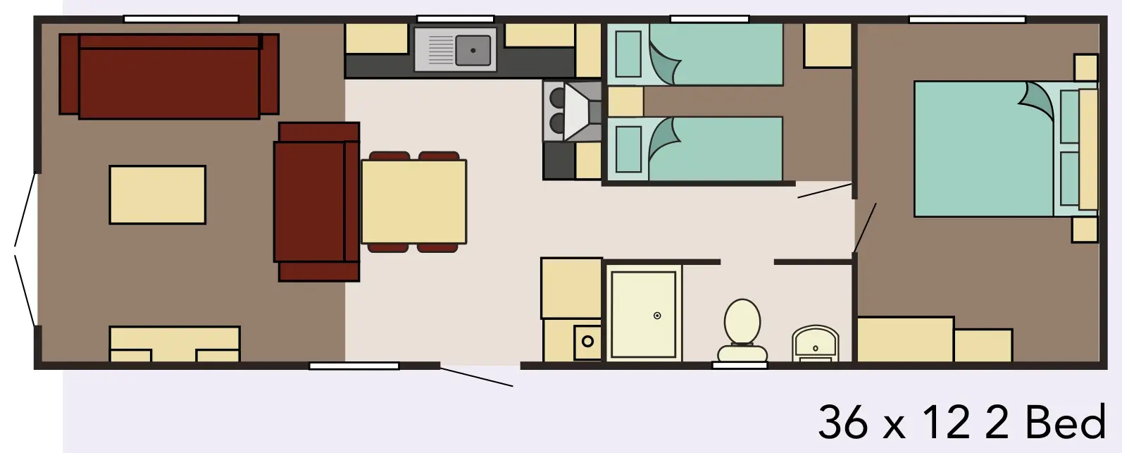 Floor plan of the Delta Saffron Deluxe, 36ft by 12ft: lounge, kitchen and dining area, a twin bedroom, a shower room and the main bedroom.
