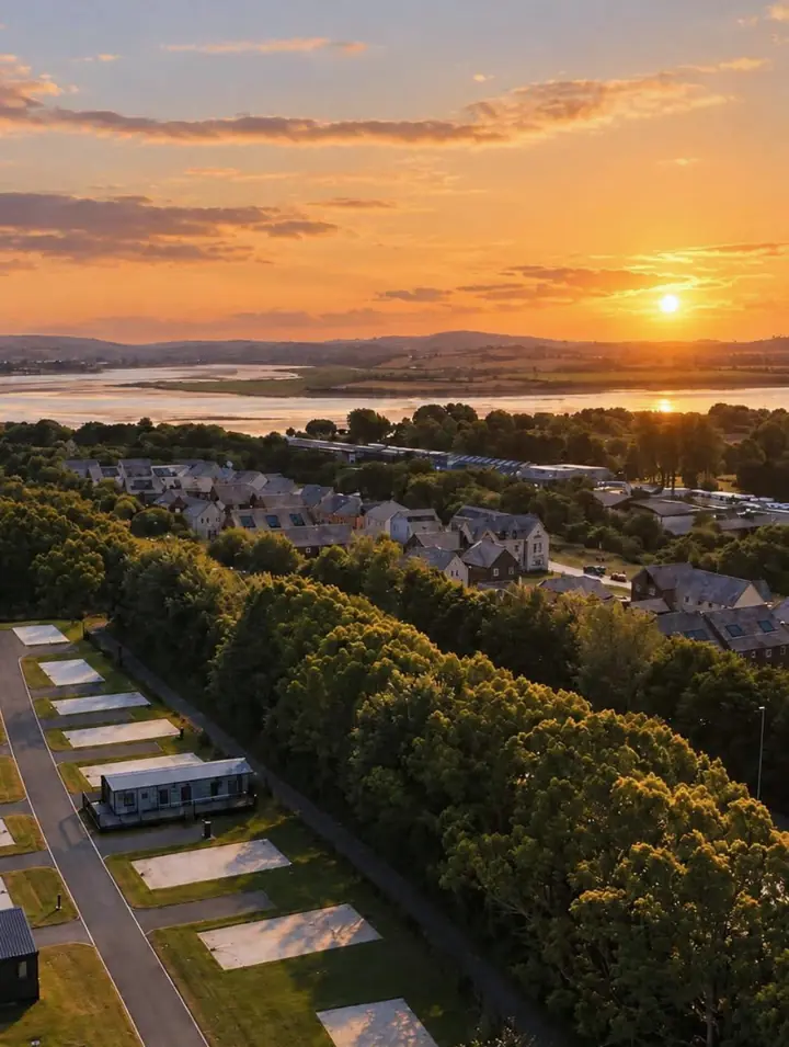 Drone photo of the park: the pitches and lane of Chivenor Park in the foreground, then trees, the houses of Chivenor and the Taw estuary, with the sky and colour edited to an evening glow.